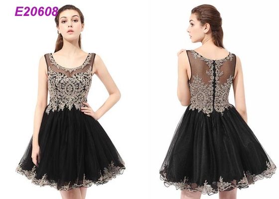 Boat Neck Tulle Beading Ladies Cocktail Dresses For Wedding Party Black And Champange