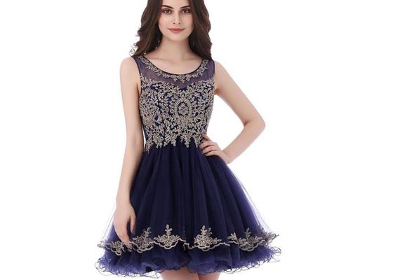 Boat Neck Tulle Beading Ladies Cocktail Dresses For Wedding Party Black And Champange