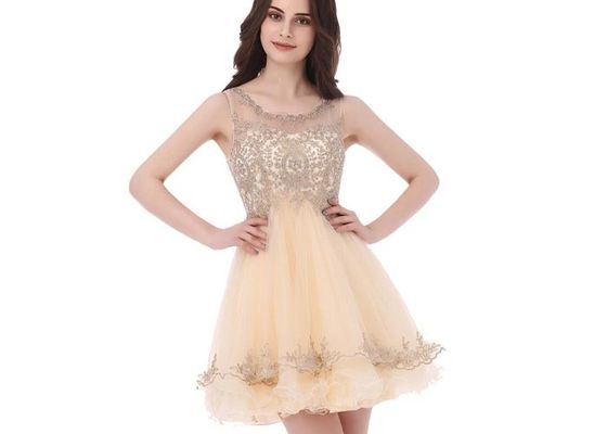 Boat Neck Tulle Beading Ladies Cocktail Dresses For Wedding Party Black And Champange