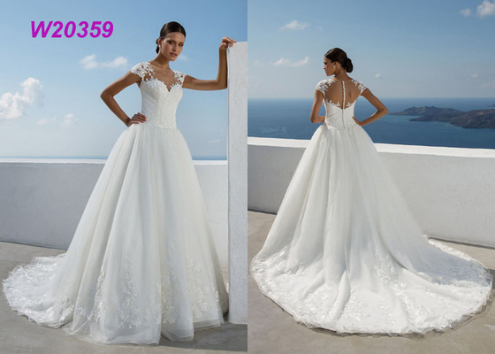 New Style Sweep Brush Train White Cap Sleeve Bride Frocks Custom Bridal Ball Gown