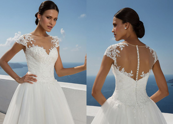 New Style Sweep Brush Train White Cap Sleeve Bride Frocks Custom Bridal Ball Gown