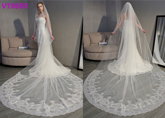 Les voiles ens ivoire de mariage de longue dentelle molle/3D fleurit le voile nuptiale musulman de bordure 5 mètres
