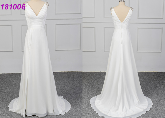 Les femmes de mousseline de soie échouent une ligne perler de cristal de robe de mariage de robe de boule sans manche