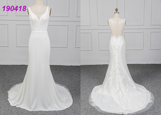 La robe de mariage sans manche de crêpe Vestido De Noiva Lace Appliques la conception de gaine