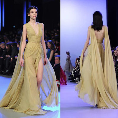 Robes de soirée fendues par haute arrière sexy profonde de style de V longues pour des femmes, robe de mousseline de soie de banquet