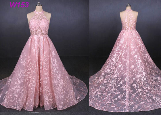 Robe de mariée démontable sans manche sans dos de queue de robe de mariage de dentelle de licou rose