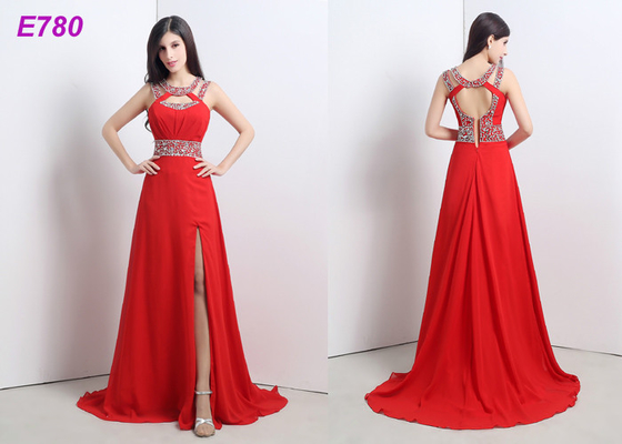 Robe de cocktail sexy fendue par rouge perlant la robe de mousseline de soie pour la robe de soirée